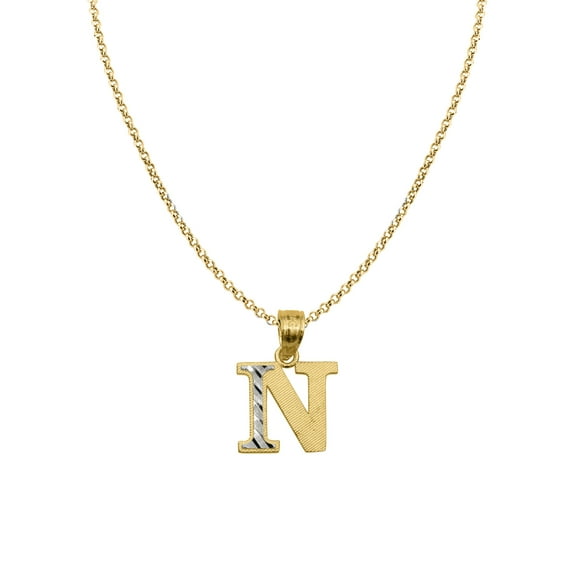 Genuine 14k Two-tone Gold 0.59" Diamond-cut Initial Letter N Necklace 16", 18", 20", 22" Trendy Charm Initial Necklaces for Women