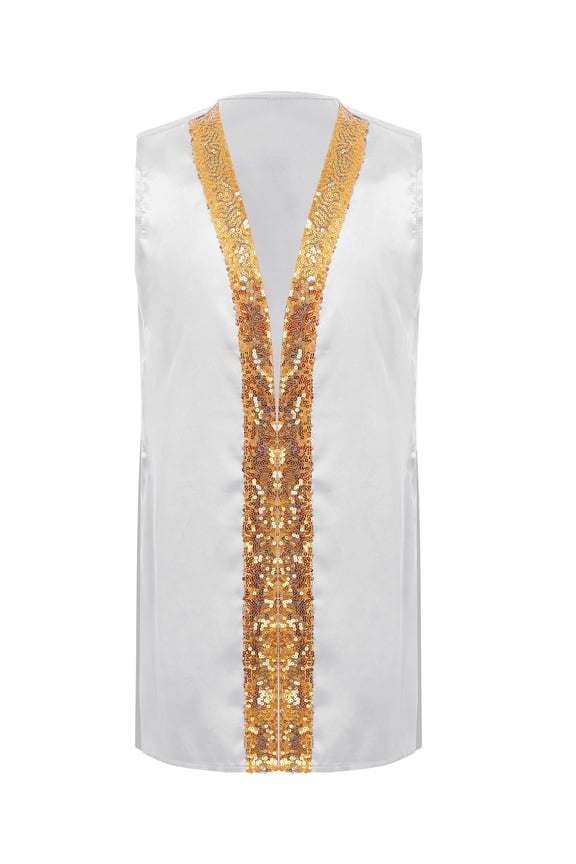 Girls Boys Sequins Satin Dance Tunic Liturgical Praise Dance Top Sleeveless Open Front Split Worship Choir Robe White 16