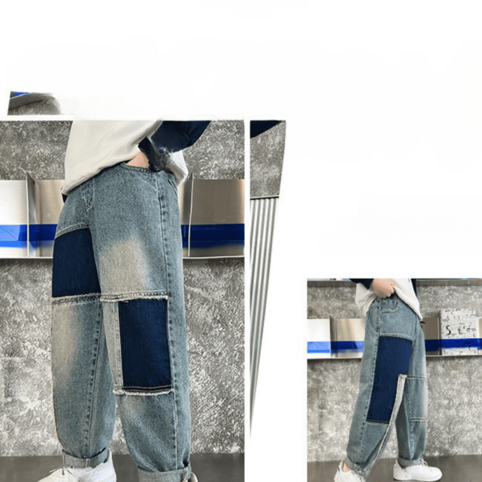 XIMIN Kids Boys Ripped Patchwork Baggy Jeans Lightweight Irregular