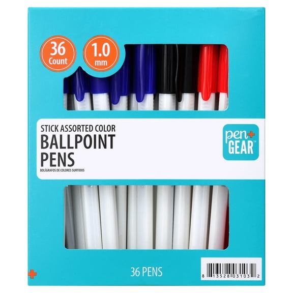 Pen+Gear Stick Assorted Color Ballpoint Pens, 1.0 mm, Black, Blue and Red Ink, 36 Count