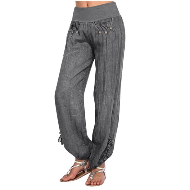 Gibobby pantalones jogger mujer Moda mujer botones sólidos algodón y lino pantalones sueltos casuales pantalones de pierna ancha (Gris, L)