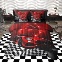 Homewish Chic Red Automobile Bedding Comforter Set 7pcs, Modern Checkered Flag Queen Bedding Sets, Extreme Sports Lover Reversible Queen Sheet Sets, Lightweight Room Decor