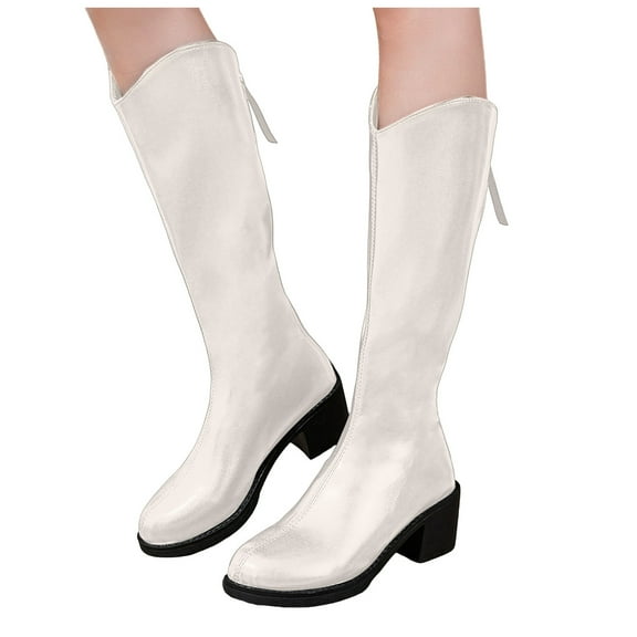 Womens Knee High Winter Boots Round Toe Waterproof Leather Chunky Heel Back Zipper Long Fall Booties