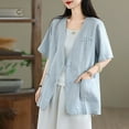 thumbnail image 7 of APEXFWDT Women's Cotton Linen Short Sleeve Cardigan Coat V Neck Button Blazer Jacket for Spring and Summer,L,Blue, 7 of 7