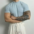 thumbnail image 6 of Summer Men T-shirt Solid Color Thread Slim Fit Elastic Quick Dry Short Sleeves Sweat Absorption Thin Half-high Collar Pullover Gym Training Daily Wear Sport Top-Sky Blue,XL, 6 of 8