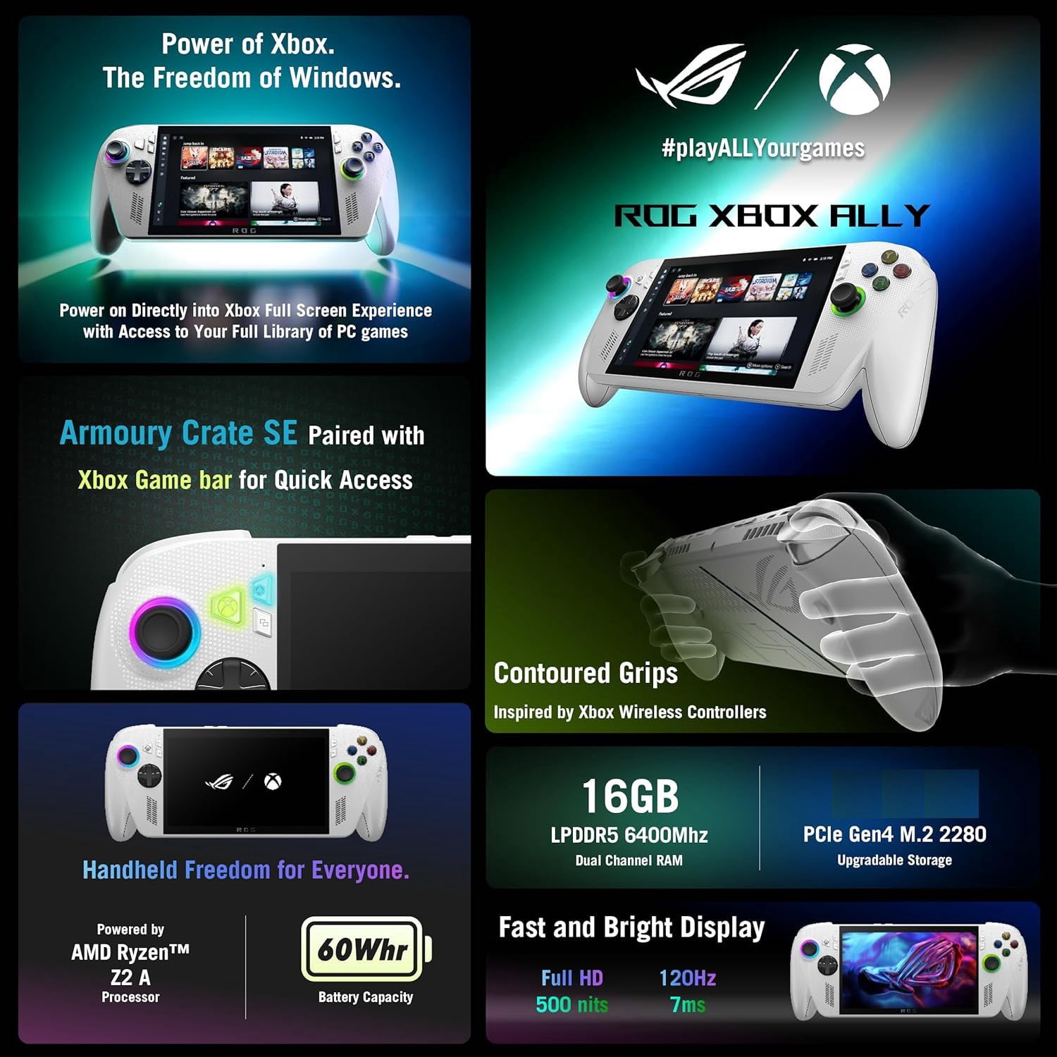 ASUS ROG XBOX Ally 2TB SSD AMD Ryzen Z2 A CPU Handheld Gaming Console 7-inch Touchscreen 120Hz, CyberEZQ 8 in 1 USB C Hub, 64GB MicroSD Card, 4 Accessories: 5 in 1 Bundle