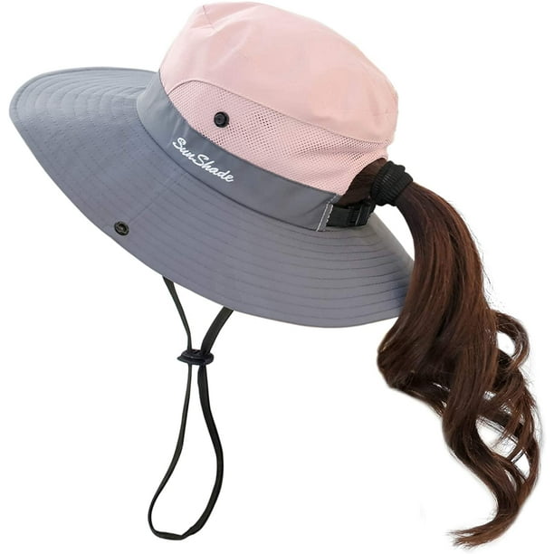 Womens Outdoor Summer Sun Hat UV Protection Wide Brim Foldable Fishing Hats  with Ponytail Hole 