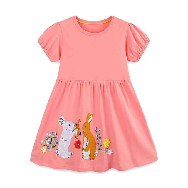 MIASHUI Robes de Pâques pour Filles, Robe Décontractée à Manches Courtes avec Lapin, Rose, 4-5 Ans