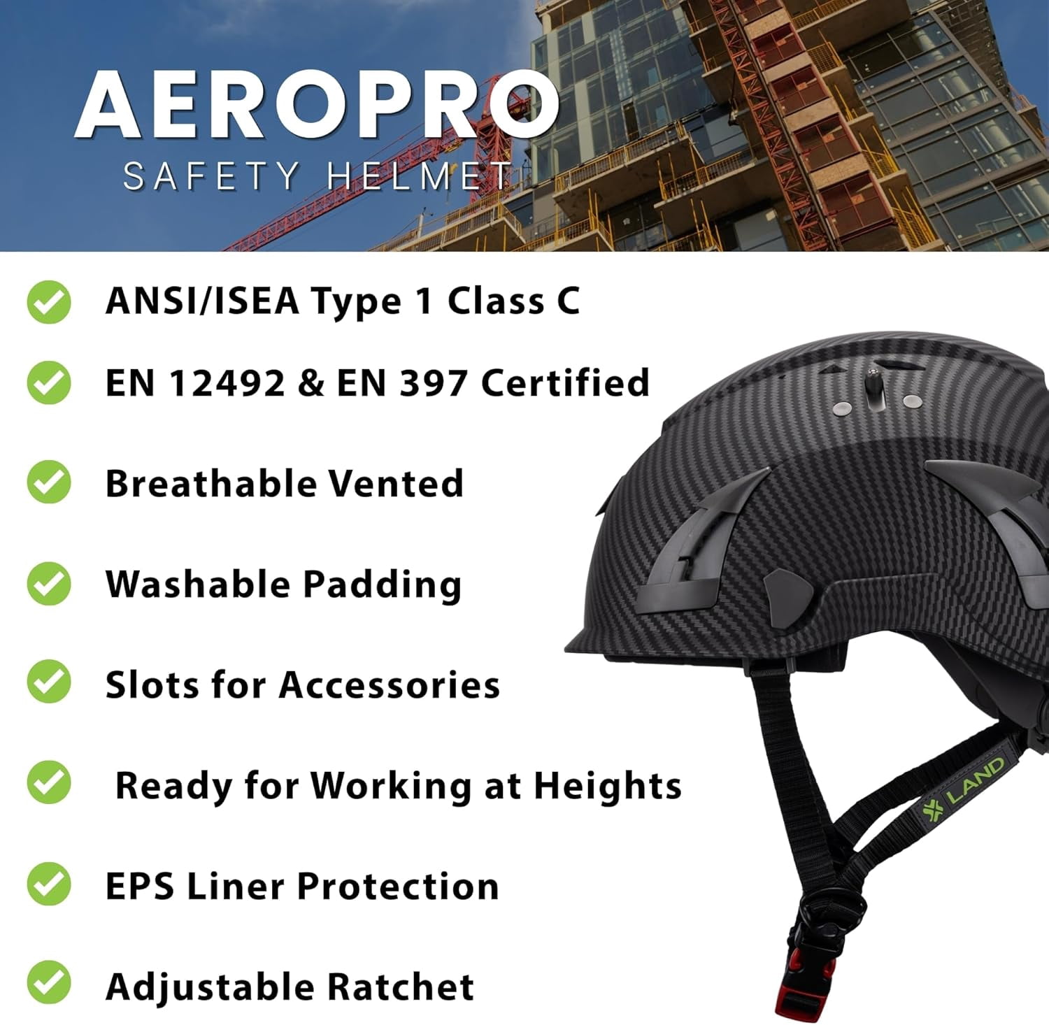 Land Helmets AeroPro Arborist Safety Helmet with Visor – ANSI Z89.1 Type 1 Class C Vented - Hard Hat for Fall Protection, Arborist & Technical Rescue - Carbon Fiber with Smoke Visor