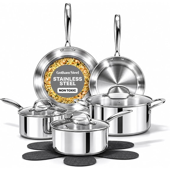 Gotham Steel 10 Pcs Stainless Steel Cookware Set, Pots and Pans Set Non Stick with Induction Cookware, Made Without Forever Chemicals, Metal Utensil Safe, Oven and Dishwasher Safe