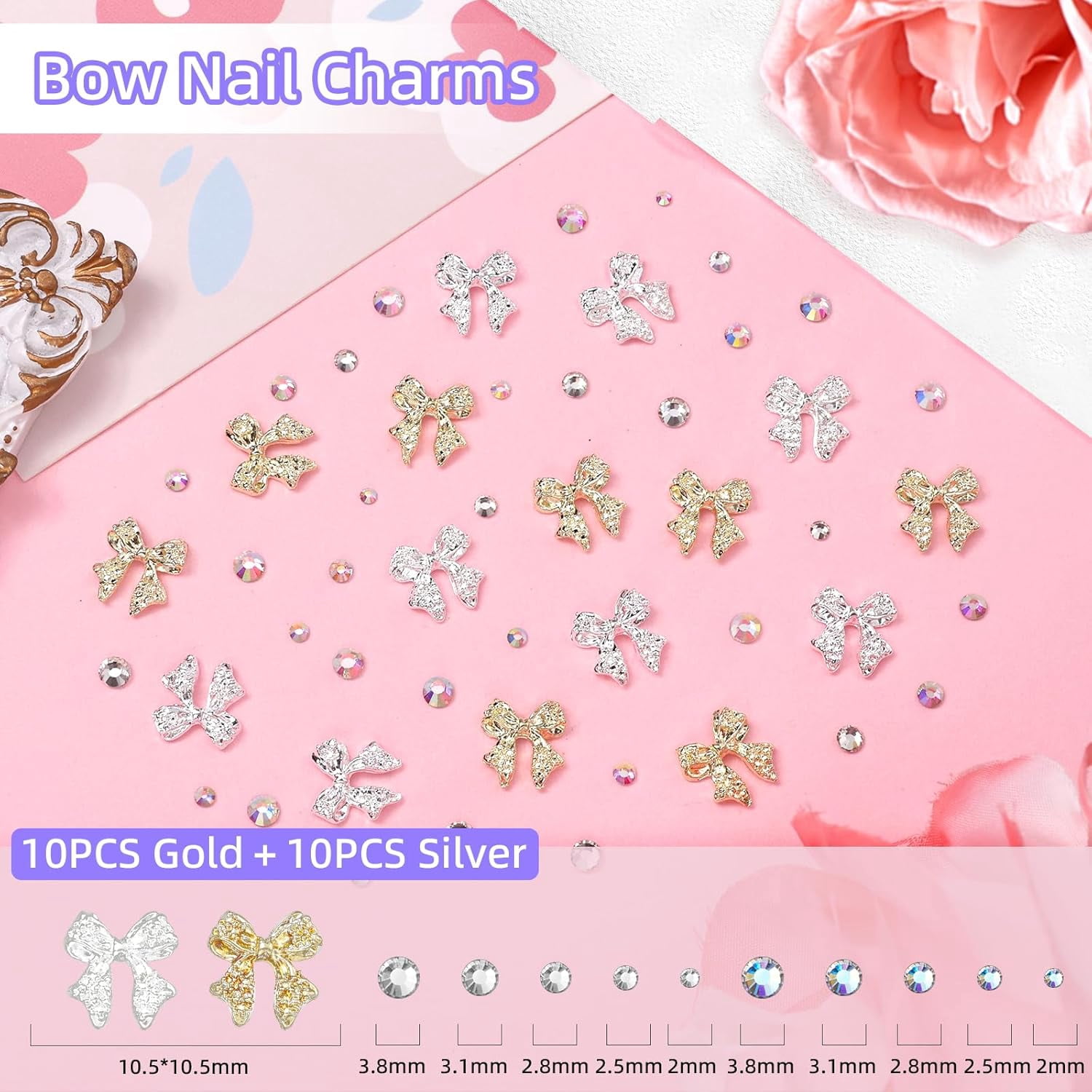 3D Bow Nail Charms and Gems, Pink Black Bows Flower Nail Art Charms Alloy Bows for Nails, Mixed Nail Gems Rhinestones Bowknots Caviar Beads Charms for Nails DIY Nail Art Accessories