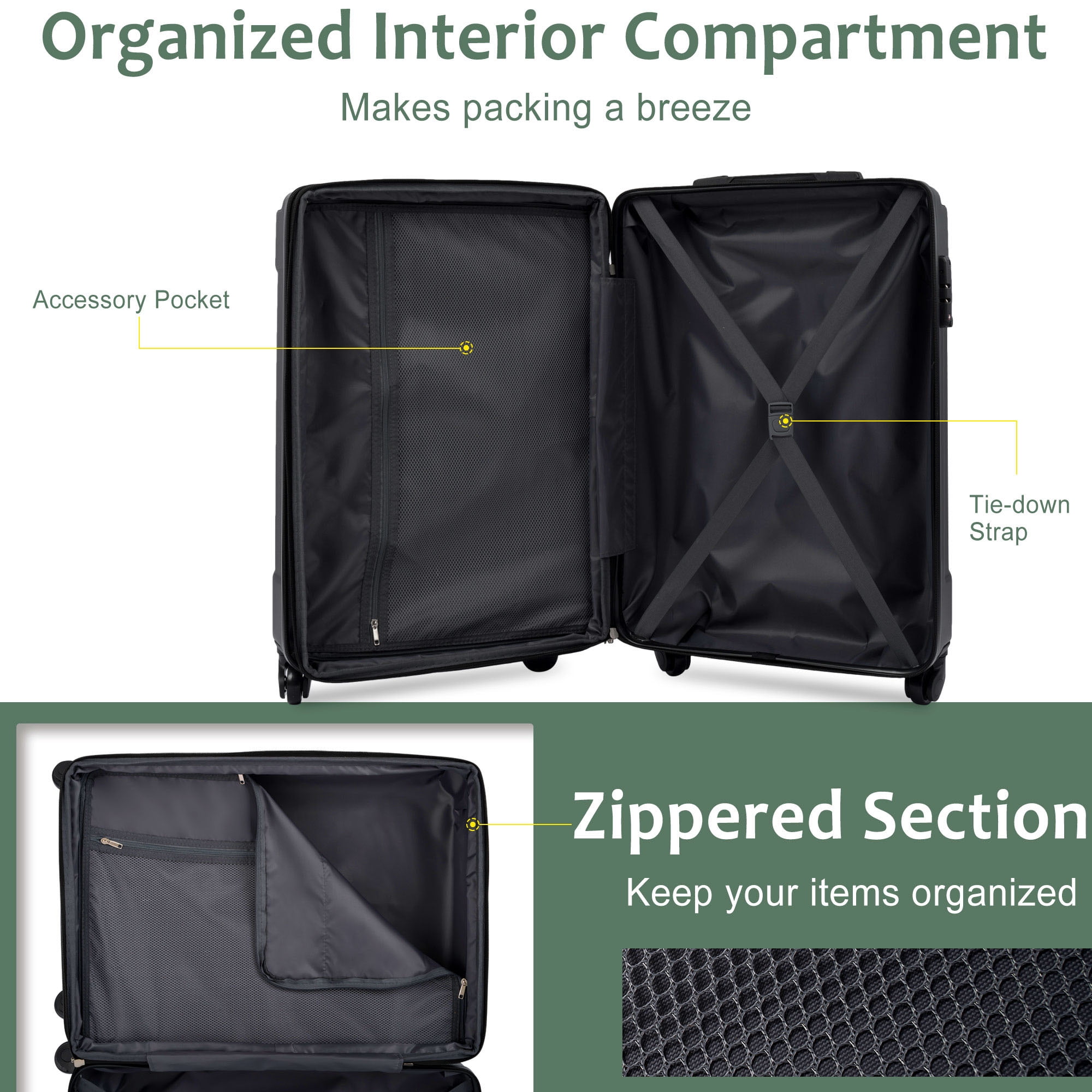 CQSXDA 20 Inch Lightweight Hardshell ABS Carry On Luggage Set with Spinner Wheels for Weekend Getaways & Travel 3 Piece, Green