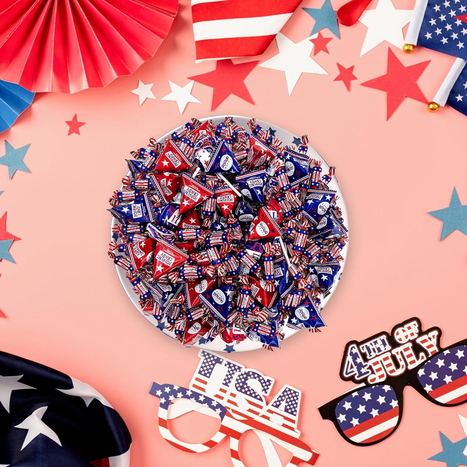 PartyWorks Patriotic Candy Assortment, Independence Day, July 4th - Chocolate Caramels, Lollipops, Popping Rocks Pouches - 3-Pound Pack