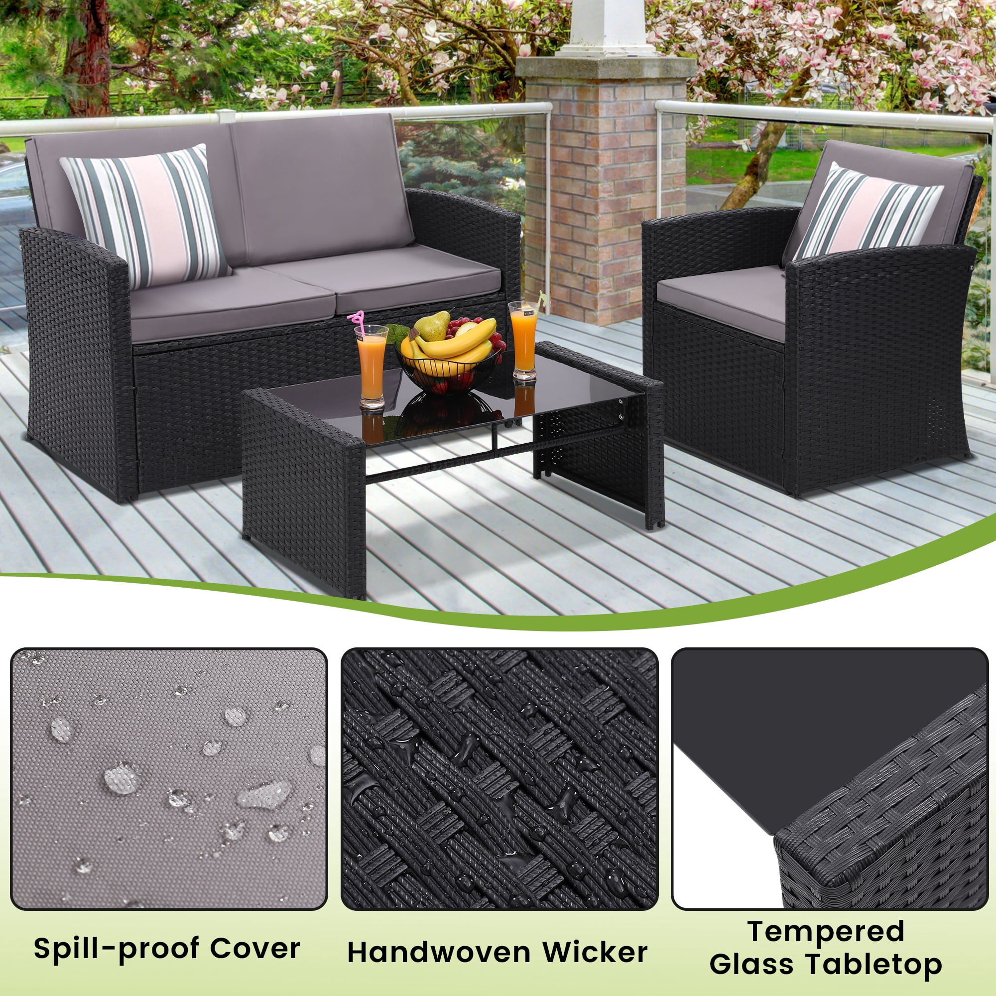 TUAREX Outdoor 4 Piece Wicker Patio Furniture Set, Waterproof Rattan Sectional Sofa with Thick Cushions, Perfect for Patio, Garden, Porch & Backyard, Black Rattan and Light Grey Cushion