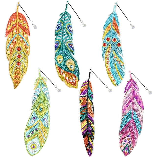 6 st 5D Diamond painting Bokmärke Fjäderform Strassbokmärken Full Drill Kristall DIY Ritning efter nummer Broderi för konsthantverk Present