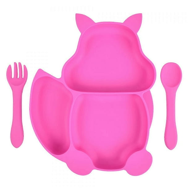 Baby Plate Bowl, Baby Cutlery Set Mini Silicone Dinner Tableware (Dinner Plate + Plastic Fork) Purple Pink