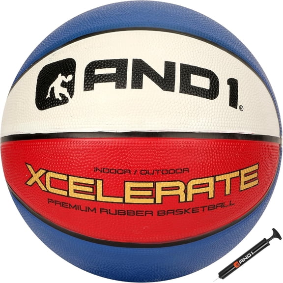 AND1 Xcelerate Rubber Basketball, Size 7 (29.5"), Indoor/Outdoor, Deep Channel Construction, Vibrant Colors, Includes Hand Pump