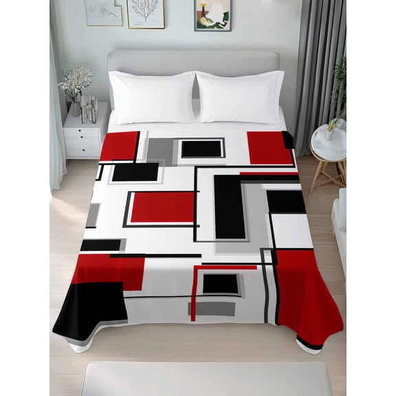 Red Grey Black King Size Flat Sheet, Wrinkleproof & Fadeproof Cooling Flat Bed Sheet Only, Irregular Modern Abstract Geometric Breathable Soft Bedding Top Sheets 105 x 98 Inches