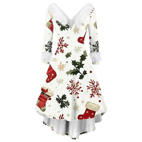 Christmas Dresses for Women Women's Fashion Elegant Autun And Winter Long Sleeve V-Neck Christmas Print Dress for Holiday Party,Beige,L