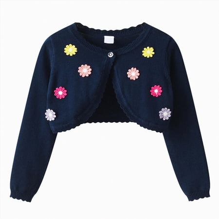 Xyant Little Girls Knit Cardigan Sweater Bolero Shrug with Ruffle Trim Toddler Girls Long Sleeve Cropped Bolero Jacket Coat Toddler Girl Sweaters (Blue 5-6 Years)