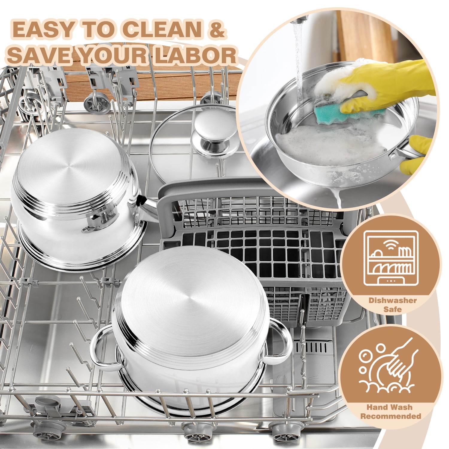 Walchoice 8-Piece Stainless Steel Cookware Set, Kitchen Pots and Pans Set with Glass Lid for Cooking, Kitchen Cookware Set with Utensils, Induction & Dishwasher Safe, Silver