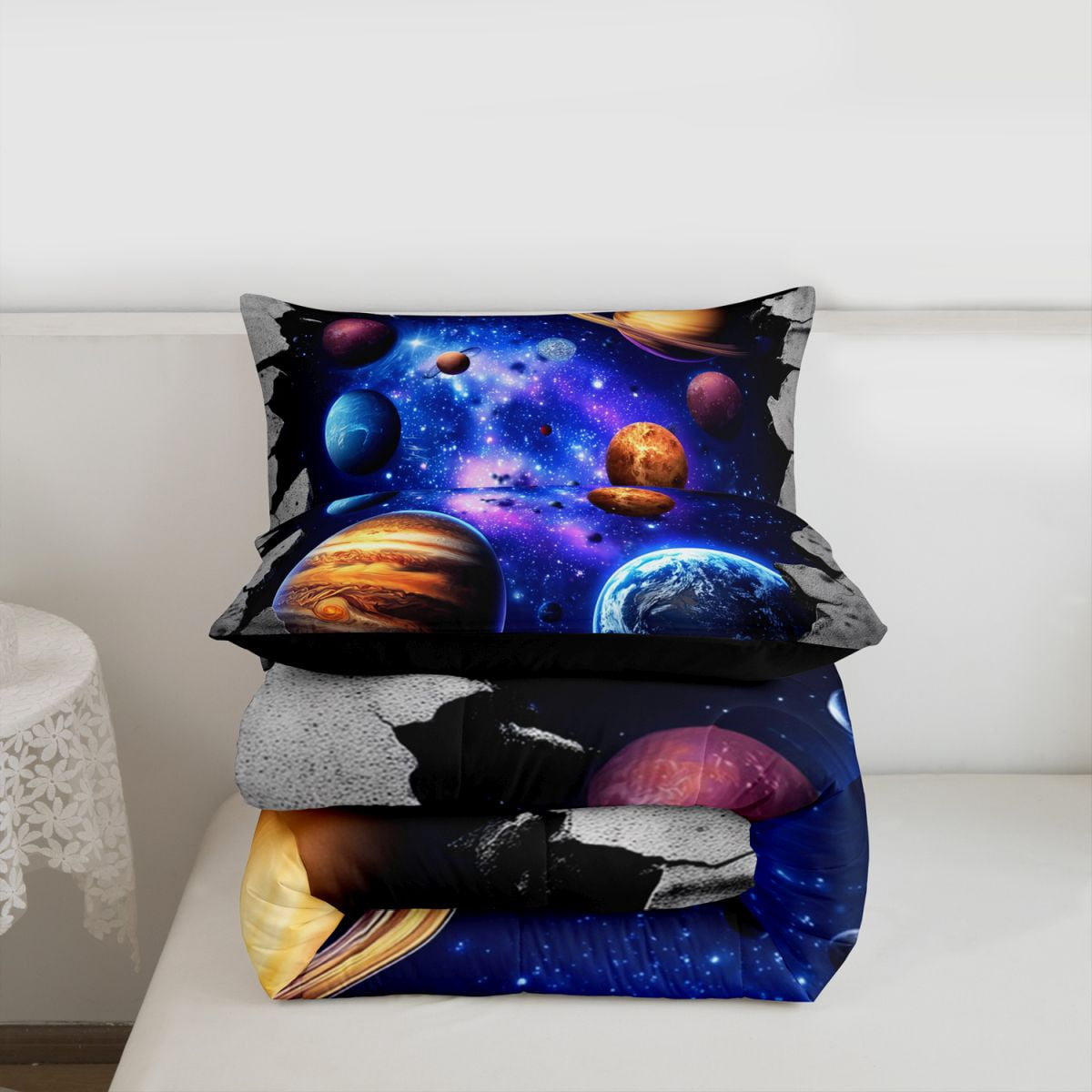 Galaxy Bedding Set Full Outer Space Themed Comforter Set, Solar System Bedding Comforter Sets for Teens Universe Themed Bedroom Decor Duvet Insert Space Starry Sky Planet Quilt