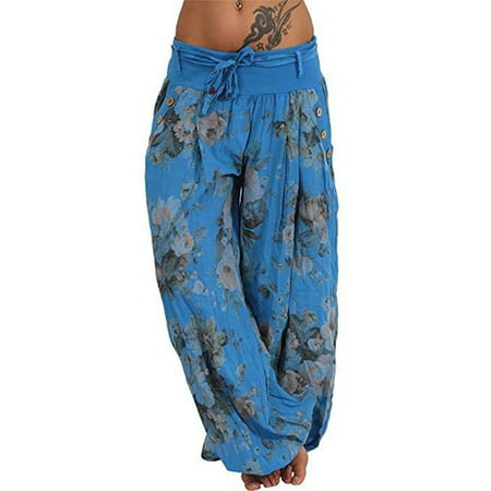 Women's Plus Size Yoga Loose Casual Floral Pocket Lace Up Harem Pants ...