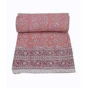 Indian Pink Floral Hand Block Print Kantha Quilt Kantha Bedspread Kantha Blanket Cotton Throw Handmade Quilt Single Size Quilt Bedding