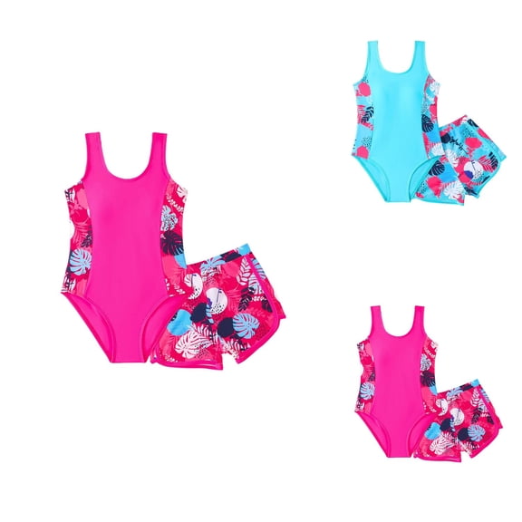 Girls' Two-Piece Tankini Swimsuit Set with Boyshorts Full Coverage Tropical Print Bathing Suit for Beach, Pool & Summer (Toddler to )