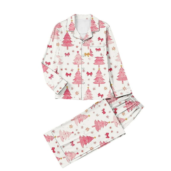 asdoklhq Flannel Pajamas for Women Ladies' Casual Fashion Christmas Long Sleeved Lapel Set Casual Top Pants Pajama Set Pink L