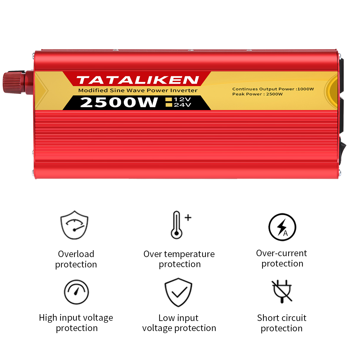 TATALIKEN 2500W（Rating power 1000 W）Power Inverter DC 12V to AC 110V/120V Car Inverter with Battery Clamp Cable 2 AC Outlets for Power Tools Home Vehicles RV Truck,Red