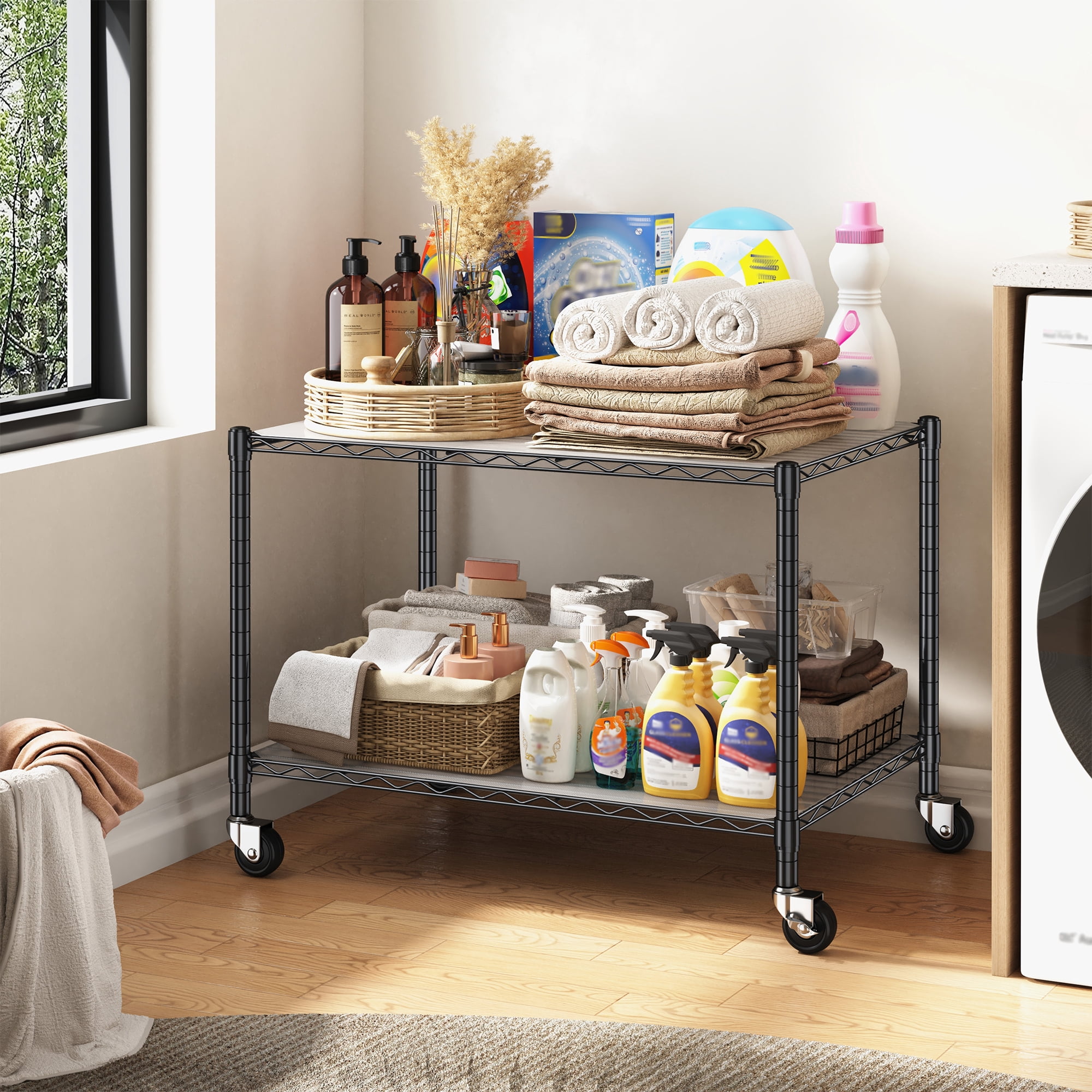REIBII 2 Tier Wire Shelving Unit with Wheels,Heavy Duty Kitchen Appliance Shelf,36"W x 18"D Metal Storage Shelves for Pantry Garage Laundry,300 lbs Per Shelf,Black
