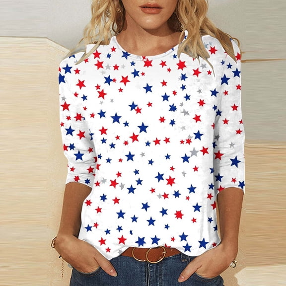 Cavosen 4th of July T Shirts Women 4th of July 3/4 Sleeve Round Neck Tops American Flag Print T Shirts Lady XL Red White and Blue Casual Tops Funny Patriotic Tunic Tees 2025 Patriotic Clothes