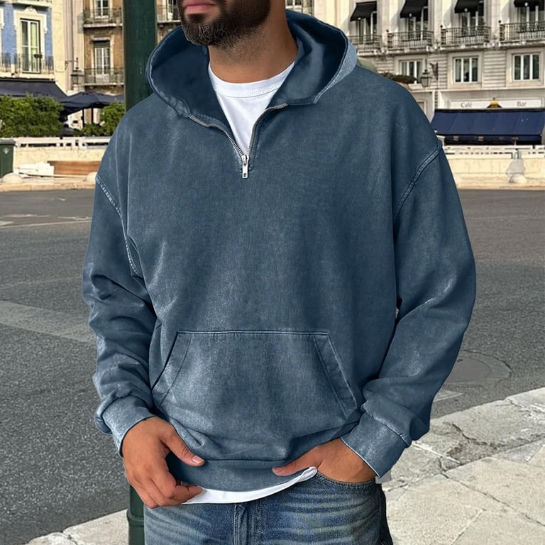 Zimjoy Blue Hoodie Men Casual Long Sleeve Quarter Zip Pullover Men