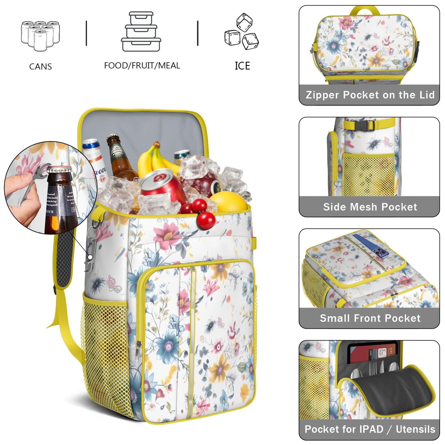 Travel Cooler Bag - Pioneer Flower Floral Print Pattern Camping Beer Cooler Backpack with Bottle Opener- Waterproof Insulated Picnic Backpacks - Cooler Bag for Beach