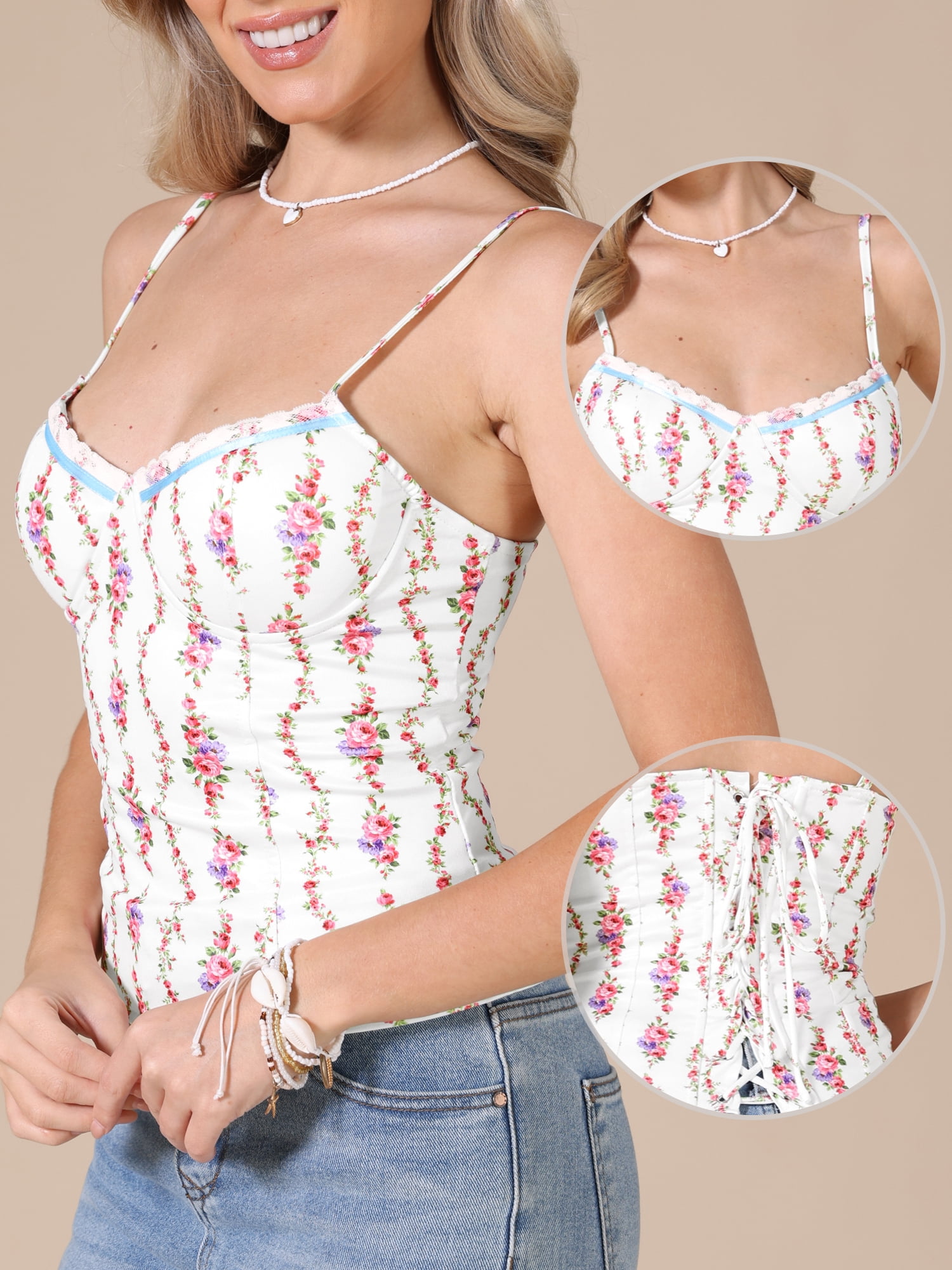 DARING DIVA Women's Floral Tank Tops Going Out Spaghetti Strap Top Crop Camisole S White