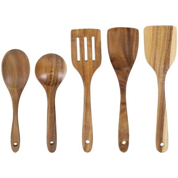 5 Pcs Wooden Kitchen Utensils, Excellent Acacia Wood Spatula Paddle, Slotted Spatula, Cooking Spoons for Mixing, Heat Resistant Wooden Cooking Utensils for Non-stick Cookware