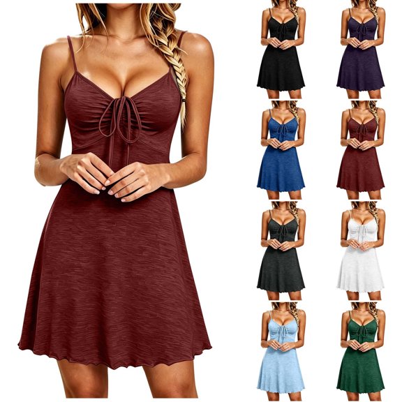YHAJDS Womens Nightgown Short Sleeve Soft Sleepshirt V Neck Adjustable Spaghetti Strap Mini Dress