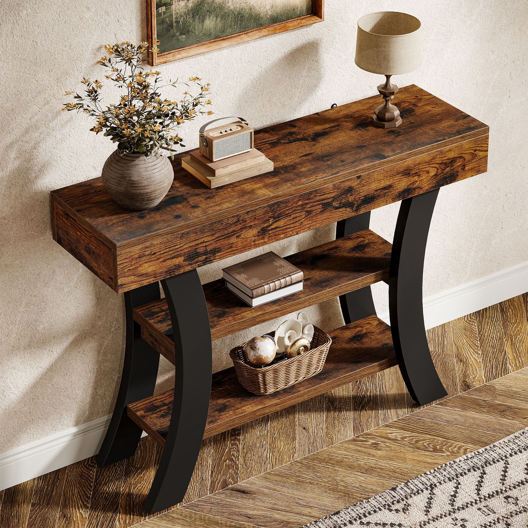 Tribesigns 41" Small Entryway Console Sofa Table with Storage Shelves for Living Room, Hallway, Foyer, Rustic Brown