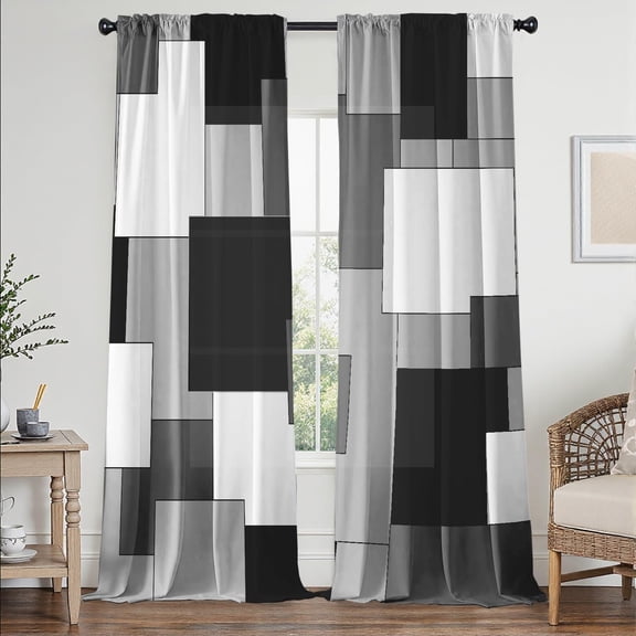 Black and Grey Geometry Curtains Length Room Modern 52W x 84L Inch Gray Abstract Rod Pocket Curtain for Bedroom Kitchen Living Room Window Drapes 2 Panels