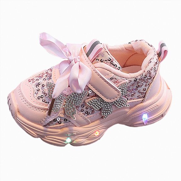 yboeqw Toddler Girls Hook and Loop Light‑Up Sneakers Sequin Bow Decor LED Flashing Sole Lightweight Non‑Slip Casual Athletic Shoes for Little Girls