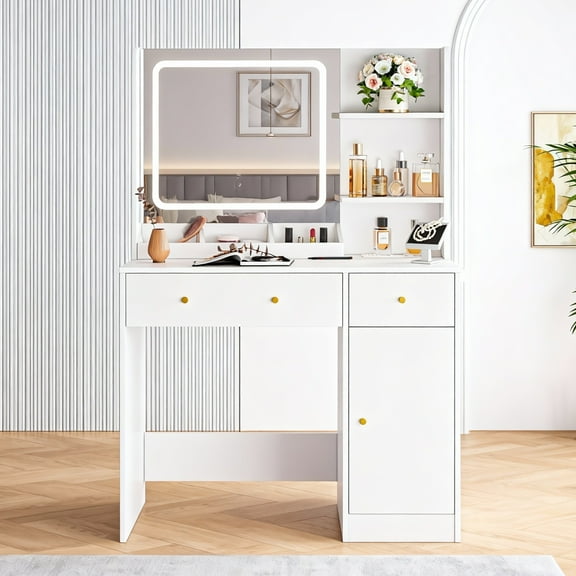 SUGIFT White Vanity Desk with Lighted Mirror, Makeup Table with Charging Station, Large Vanity Set with 3 Storage Compartments for Bedroom