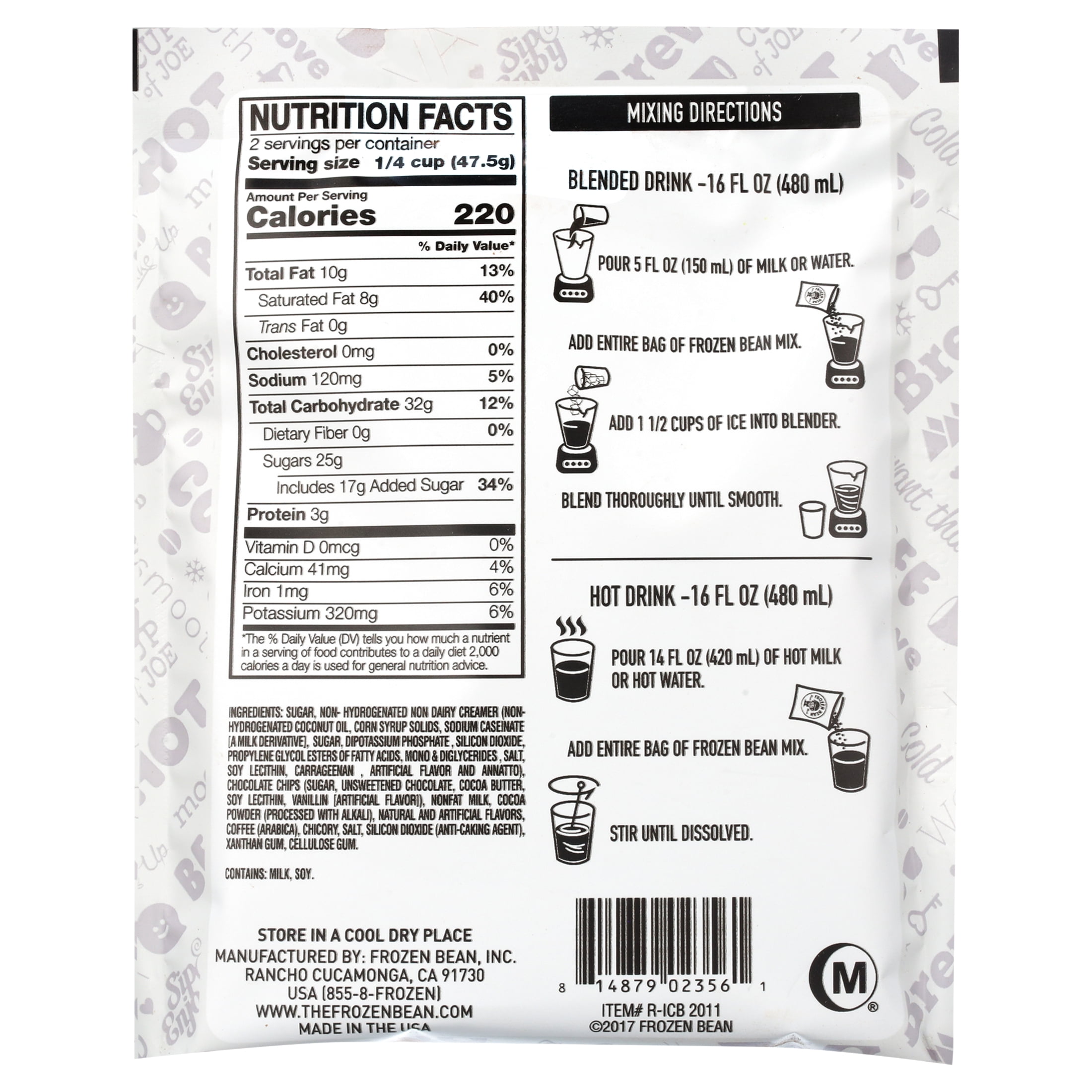 (12 Pack) Frozen Bean Frappe Blend Medium Roast, Instant Coffee Packets, Java Chip, 3.35 oz