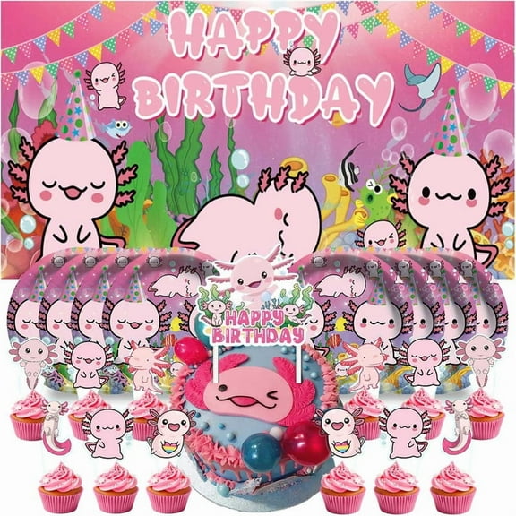 Axolotl Birthday Supplies Plates Decorations Decor Backdrop Banner Cake Topper Fans