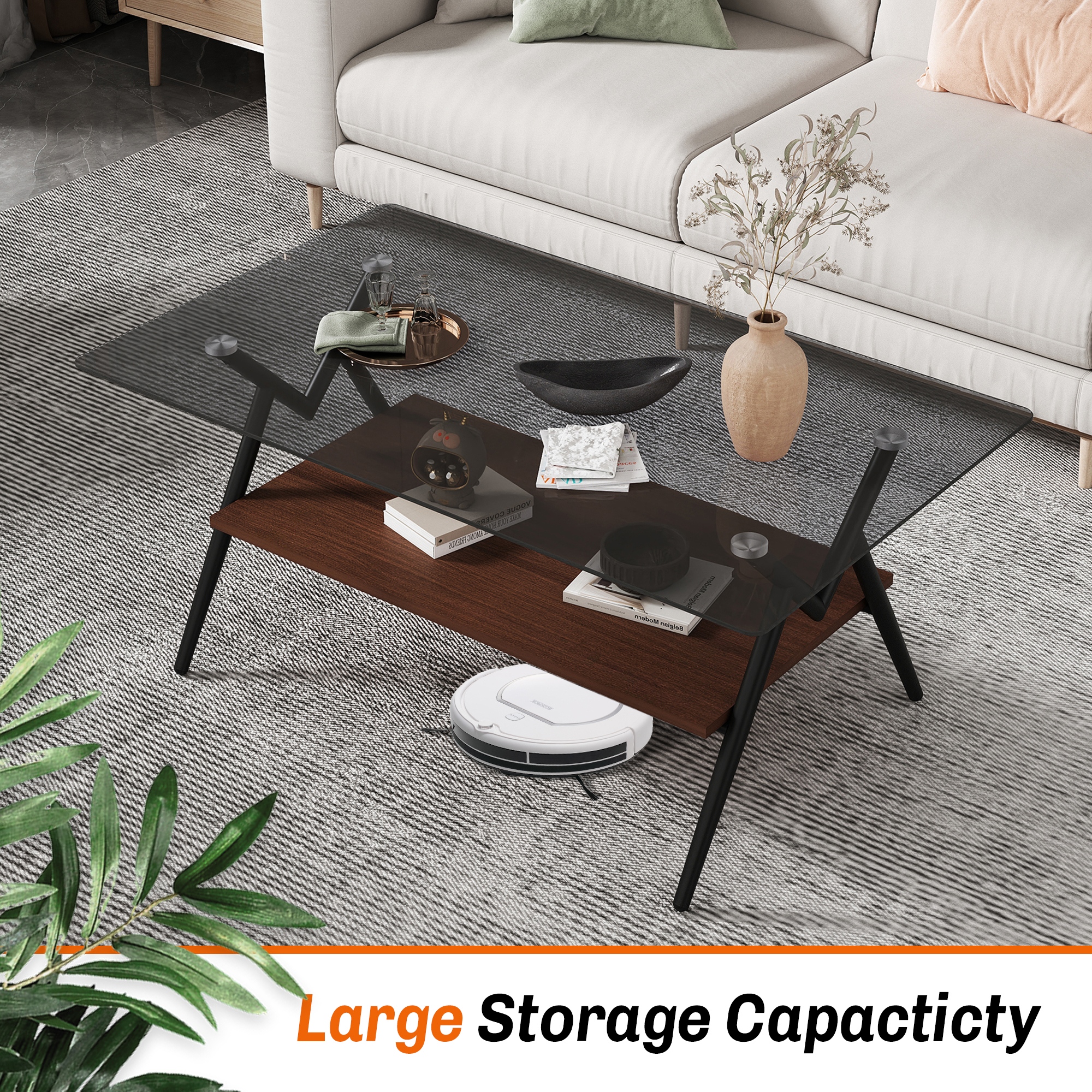 Leumius Glass Coffee Table with Lower Shelf,Clear Rectangle Glass Coffee Table, Modern Coffee Table with Metal Legs for Living Room,Brown +Gray