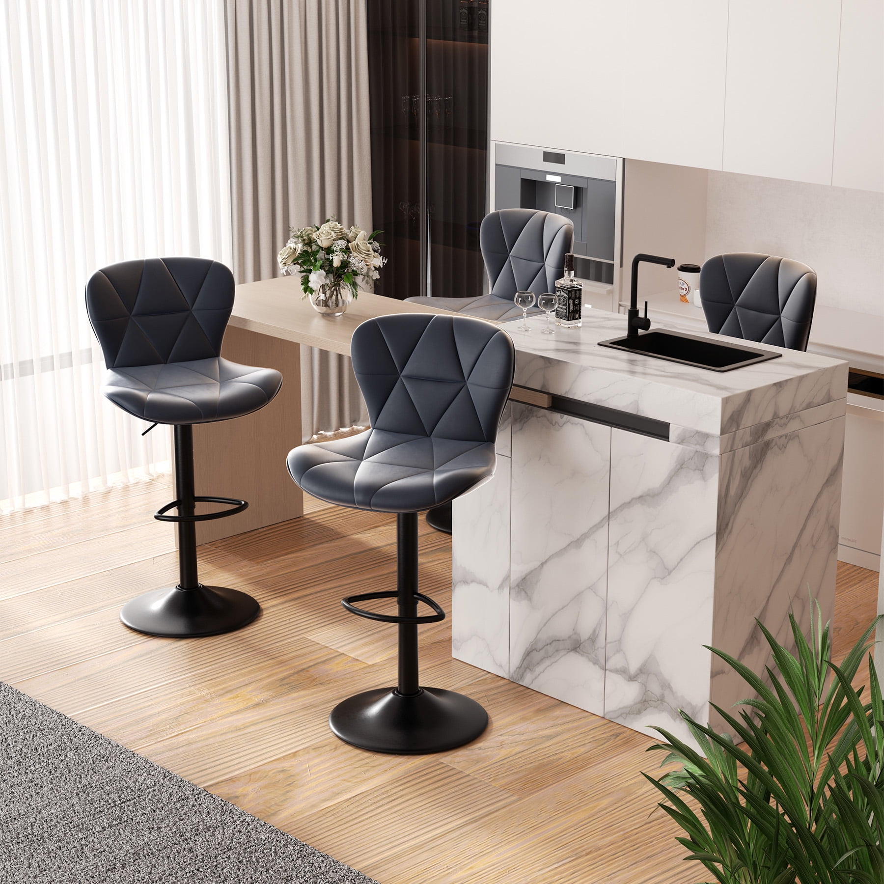 Hawsaiy Modern Bar Stools Set of 1, Adjustable Faux Leather Upholstered Swivel Bar Stools, Counter Height Bar Chairs with Back for Kitchen Island, Dark Gray