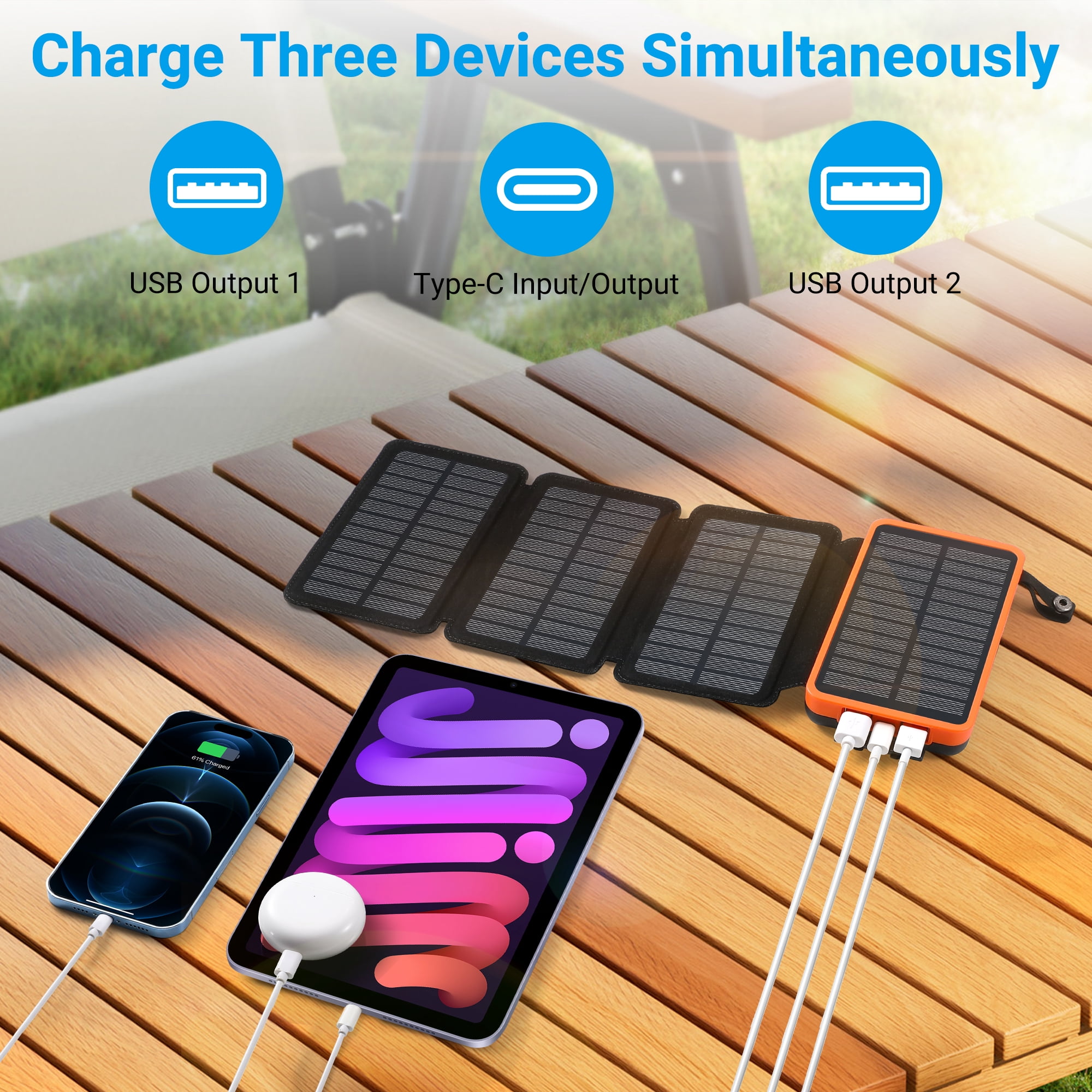 SOLPOWBEN 30000mAh Solar Power Bank with 4 Solar Panels, Portable Battery Pack, Compatible with iPhone 17 & USB-C Devices, Flashlight for Camping Travel (Orange)