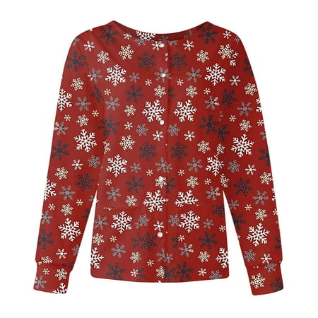 

Christmas Scrub Tops Women Plus Size Christmas Print Crewneck Working Uniform Blouses Long Sleeve Scrubs with Pockets
