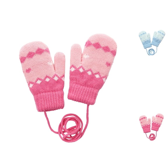 Bmisegm Toddler Winter Gloves Knitted Thermal Lined Thick Cartoon Print Neck Lanyard Mittens Cold Weather Handwear Hot Pink_001