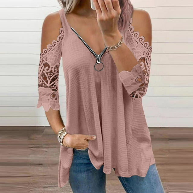 Fiudx Ropa de Mujer Mujer Casual Tallas Grandesencaje Media Mangav-Cuello Cremallera Ahueca Hacia Fuera Camiseta Blusa Tops